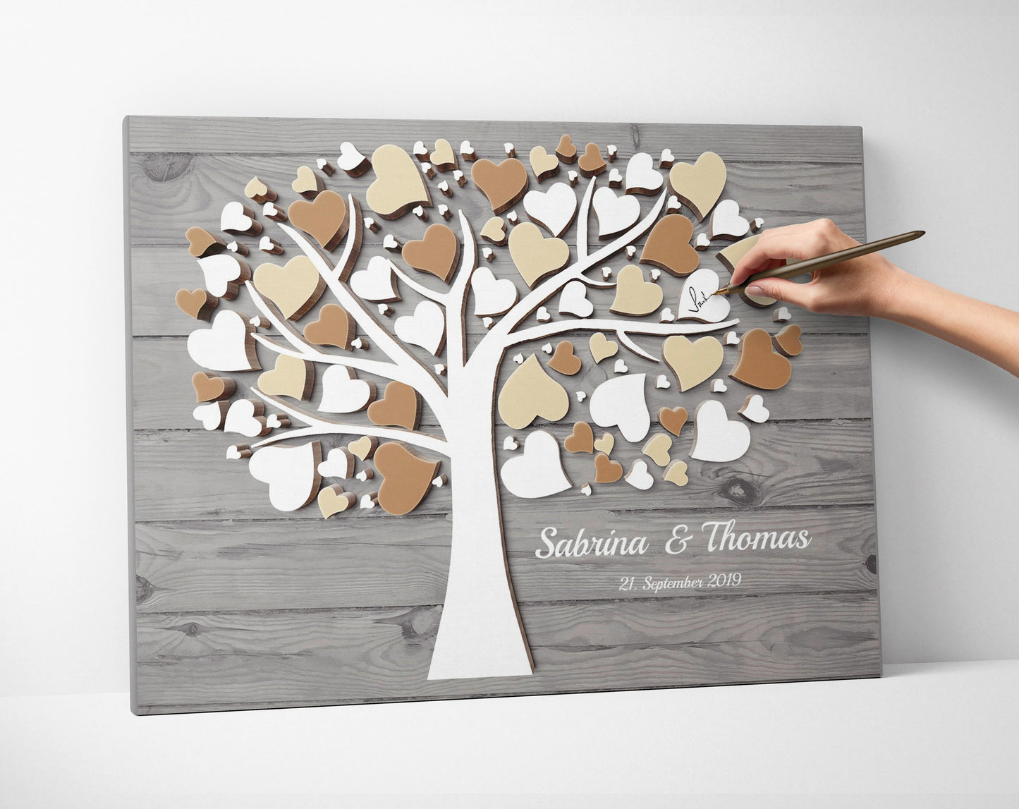 Hochzeitsgästebuch mit 3D Holzeffekt Leinwand