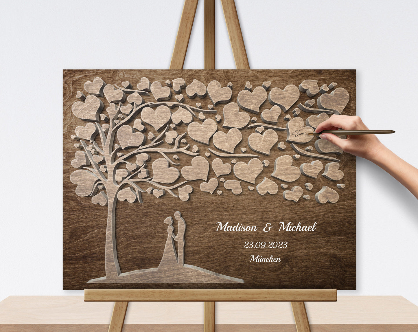 Brautpaar Herz Hochzeitsgästebuch mit 3D Holzeffekt Leinwand