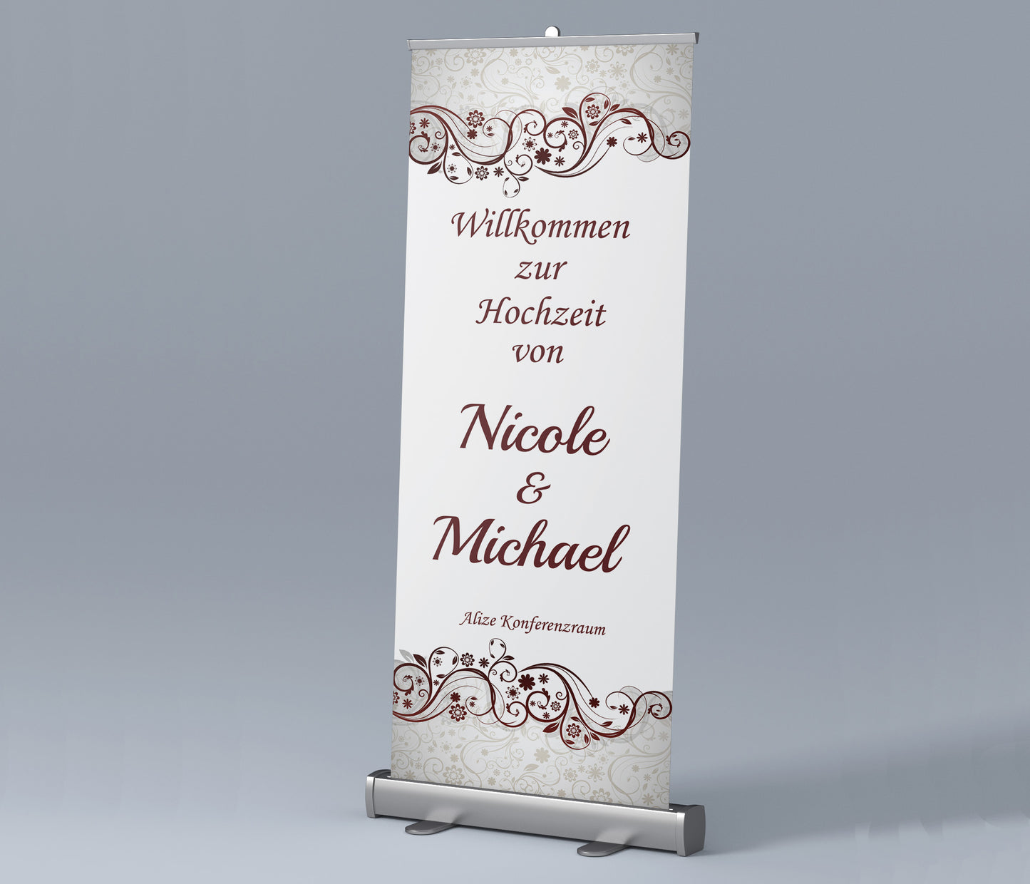 Personalisierter Roll-up im Hochzeitsdesign als Willkommensschild bei einer Feier oder Veranstaltung