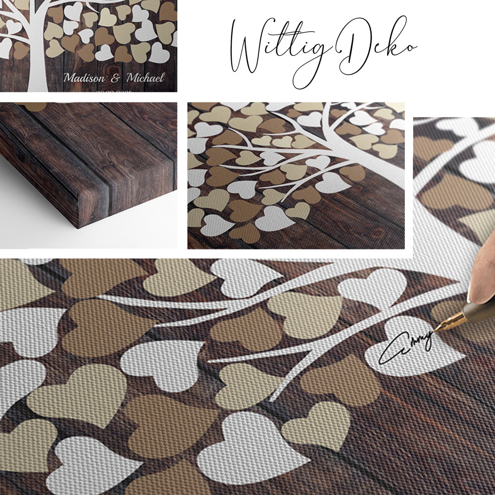 Leinwandgästebuch mit 3D Holz Effekt, Weiß Schriftzug wie Name, Datum und Standort. Beschreibbare Leinwand, Hochzeitsgästebuch Alternative. Leinwand Textura und Unterschrift.