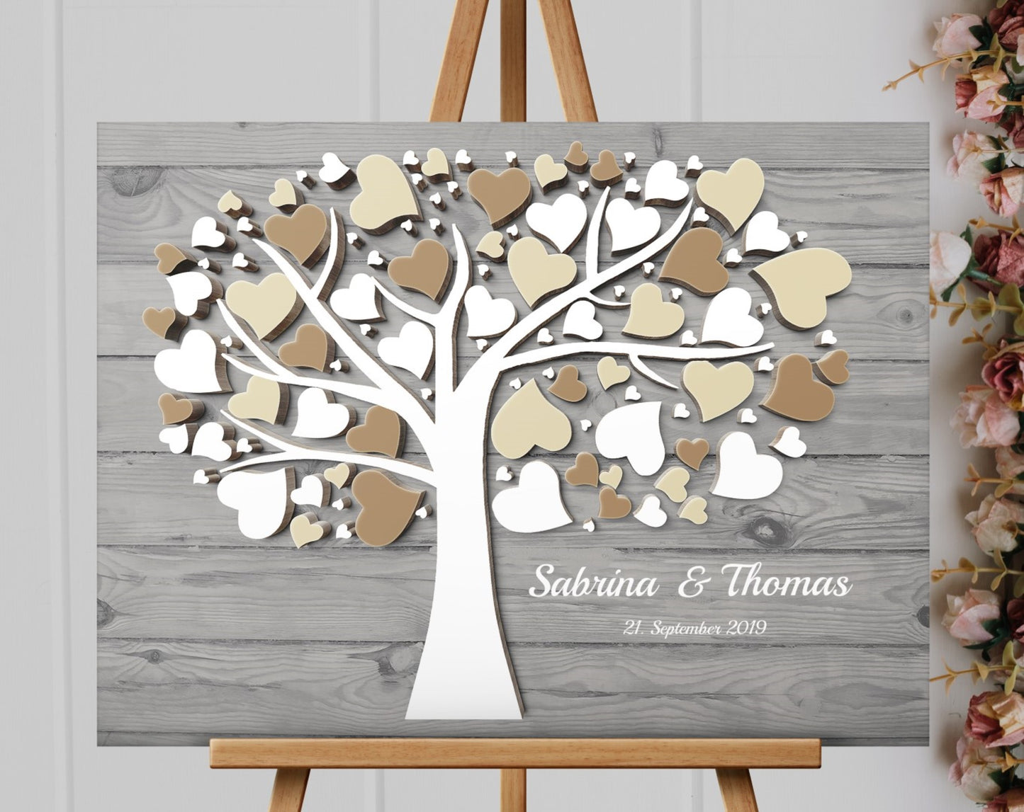 Hochzeitsgästebuch mit 3D Holzeffekt Leinwand