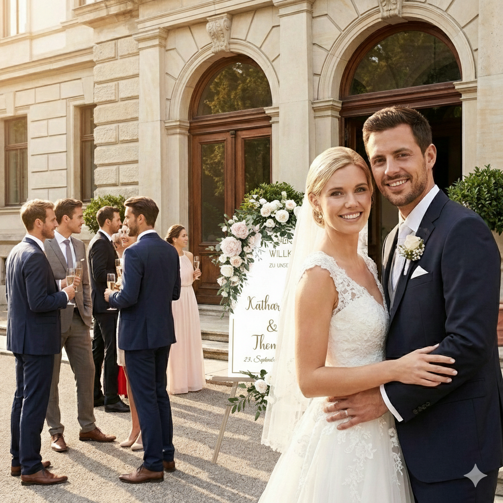 Hintergrund mit Hochzeitsschild. Voregrund Brautpaar.