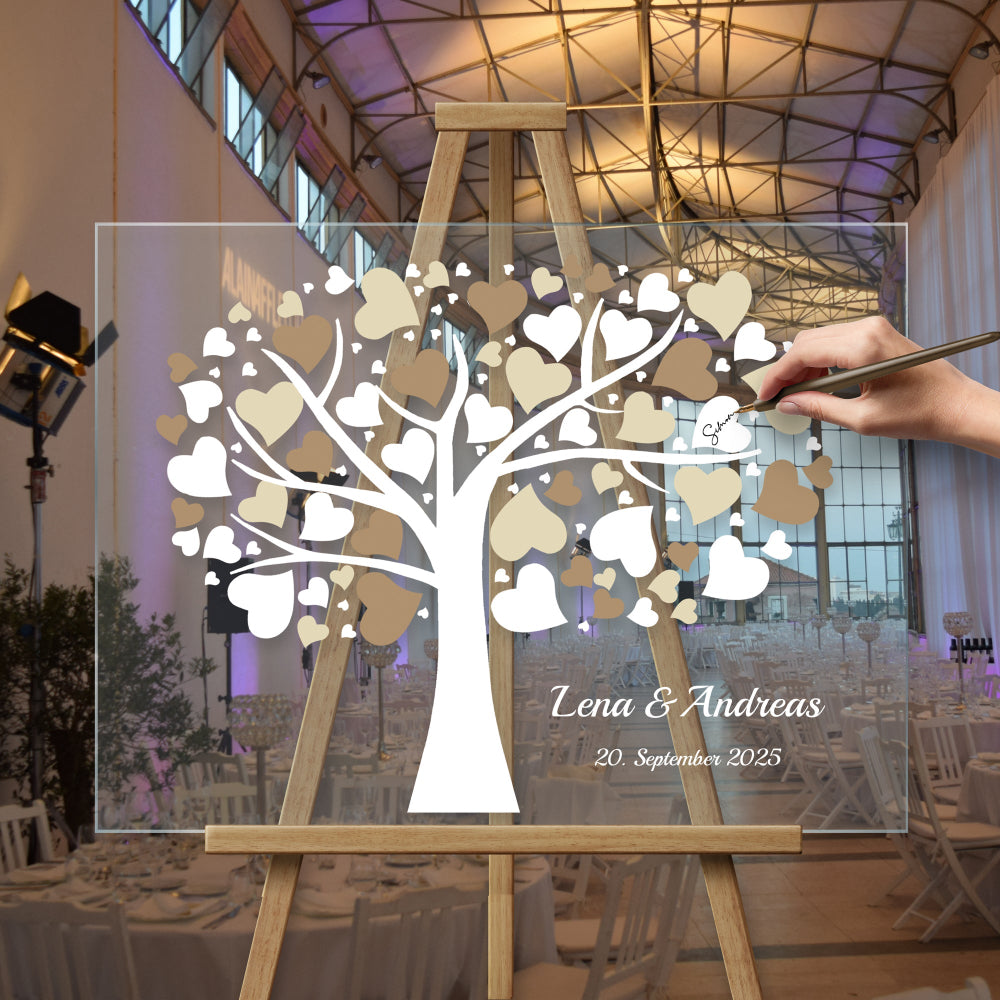 Acryl Herz Gästebuch mit Gravur – personalisiert, Herzförmiges Acrylglas Gästebuch auf Ständer