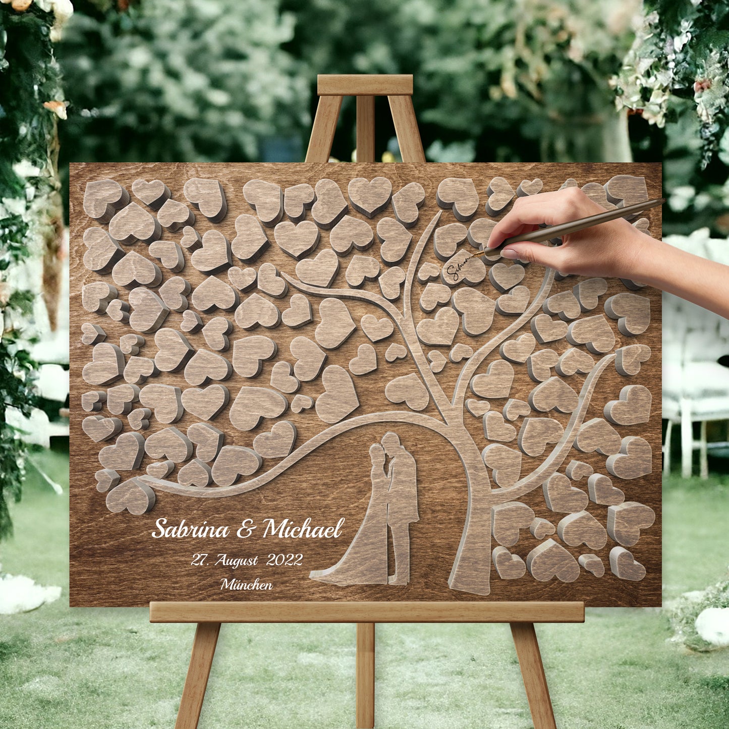 Leinwandgästebuch mit 3D Holz Effekt, Weiß Schriftzug wie Name, Datum und Standort. Beschreibbare Leinwand, Hochzeitsgästebuch Alternative. Leinwand Textura und Unterschrift.