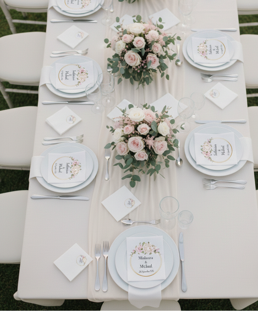 Personalisierte Airlaid-Serviette in Weiß mit individuellem Design, ideal für Hochzeit, Familienfeier oder Firmenevent, 33 × 33 cm offen