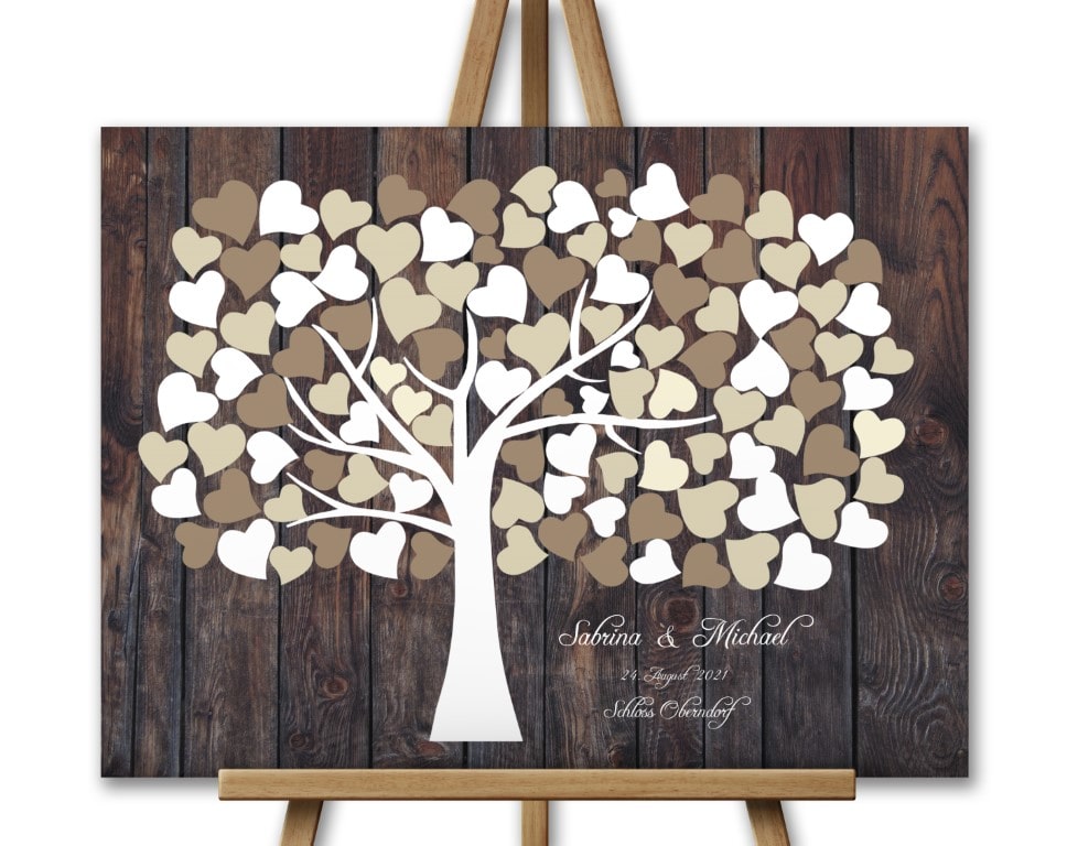 Gästebuch für die Hochzeit mit 3D Holzeffekt Beige Herzbaum