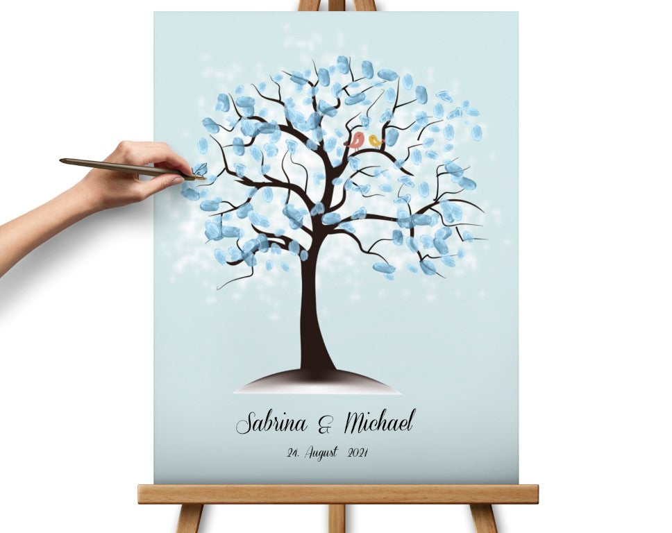 Blau Leinwand-Fingerabdruck Hochzeitsgästebuch