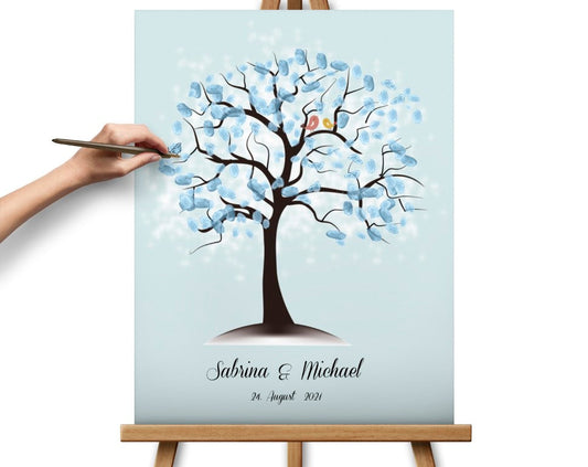 Blau Leinwand-Fingerabdruck Hochzeitsgästebuch