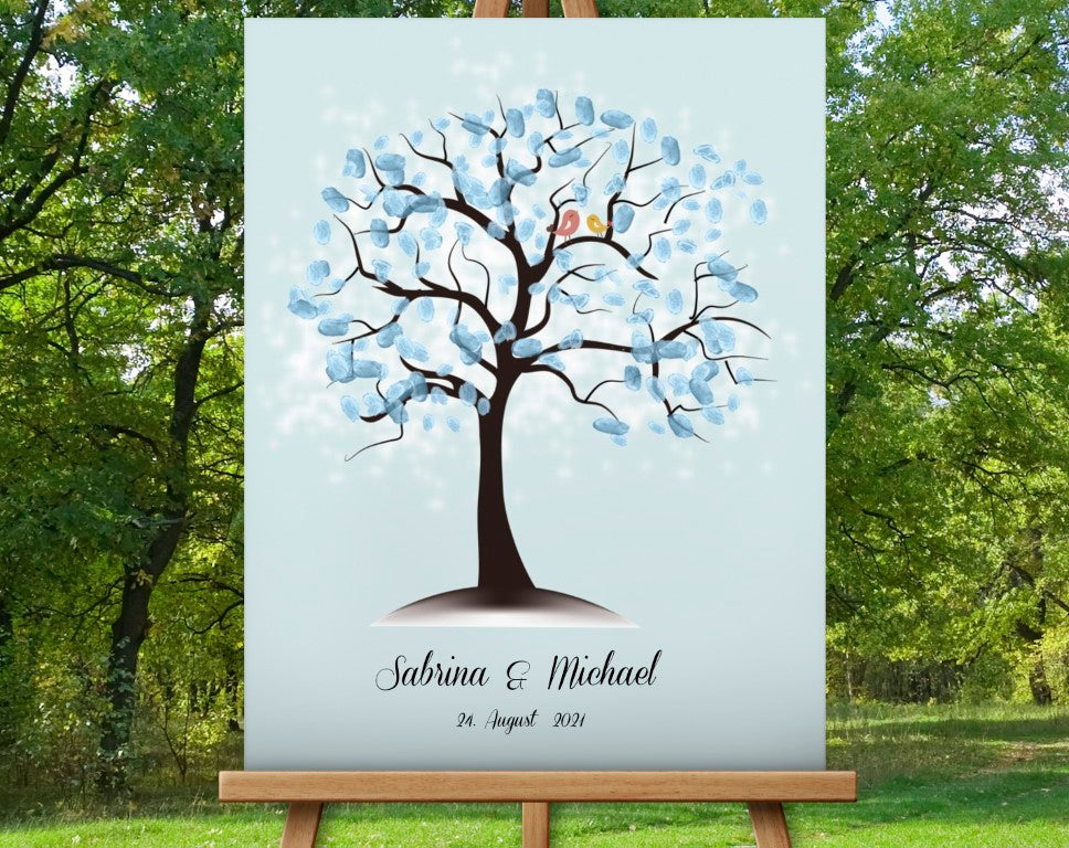 Blau Leinwand-Fingerabdruck Hochzeitsgästebuch