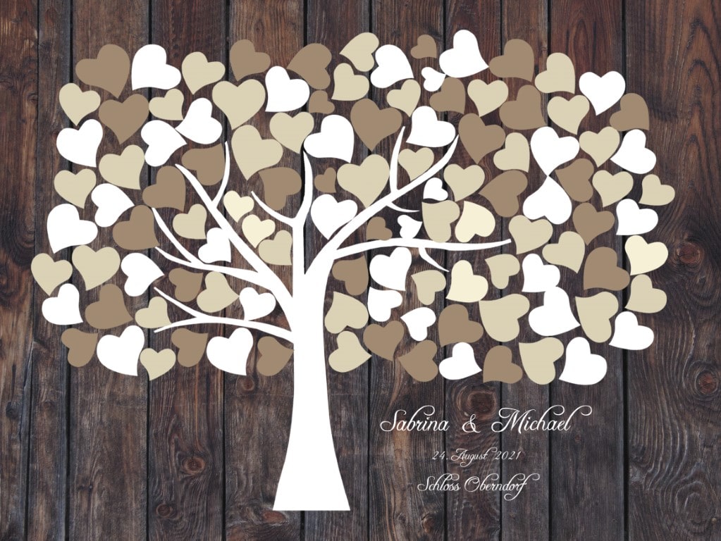 Gästebuch für die Hochzeit mit 3D Holzeffekt Beige Herzbaum