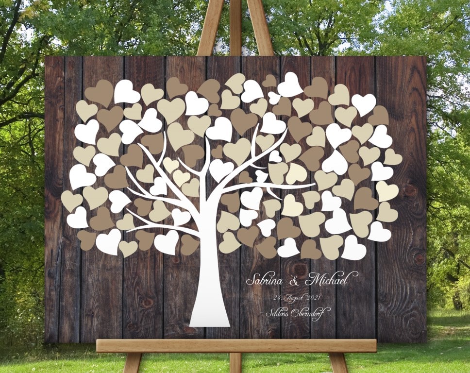 Gästebuch für die Hochzeit mit 3D Holzeffekt Beige Herzbaum