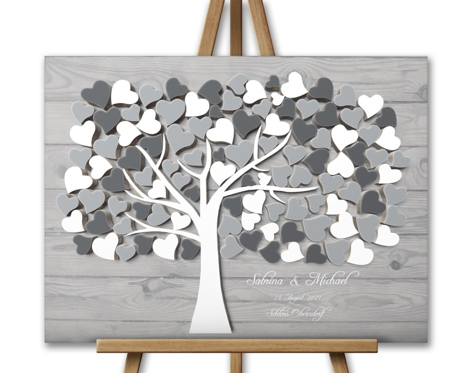 Gästebuch für die Hochzeit mit 3D Holzeffekt Beige Herzbaum