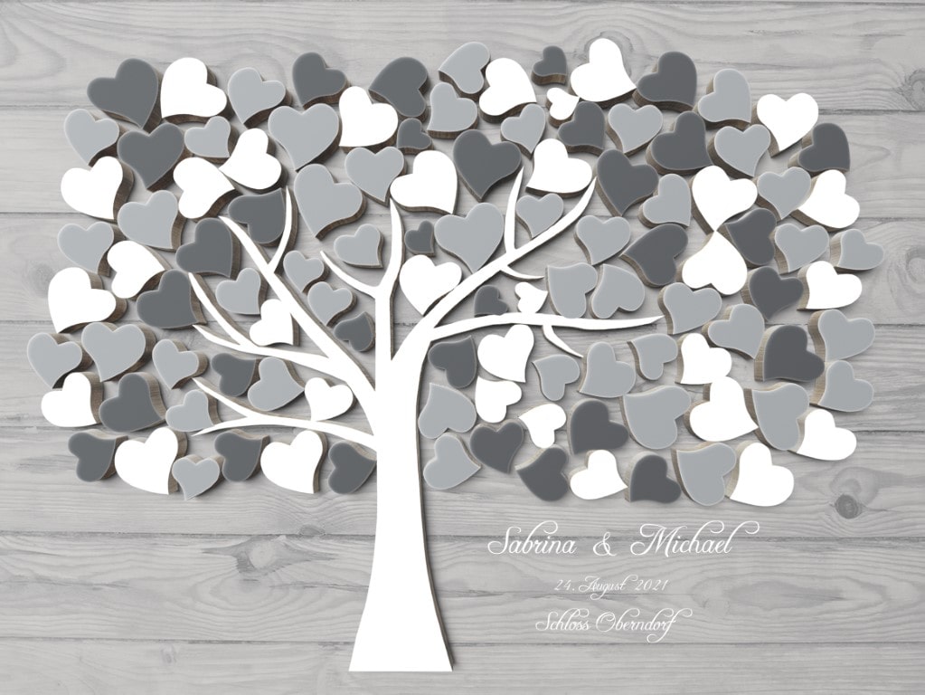 Gästebuch für die Hochzeit mit 3D Holzeffekt Beige Herzbaum