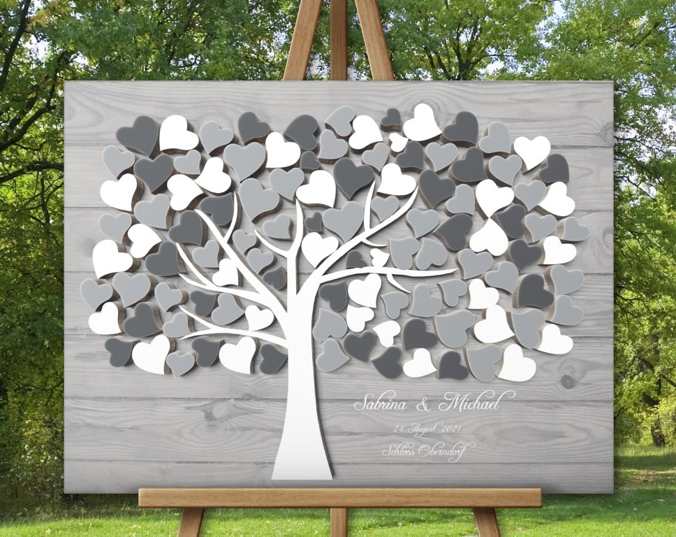 Gästebuch für die Hochzeit mit 3D Holzeffekt Beige Herzbaum