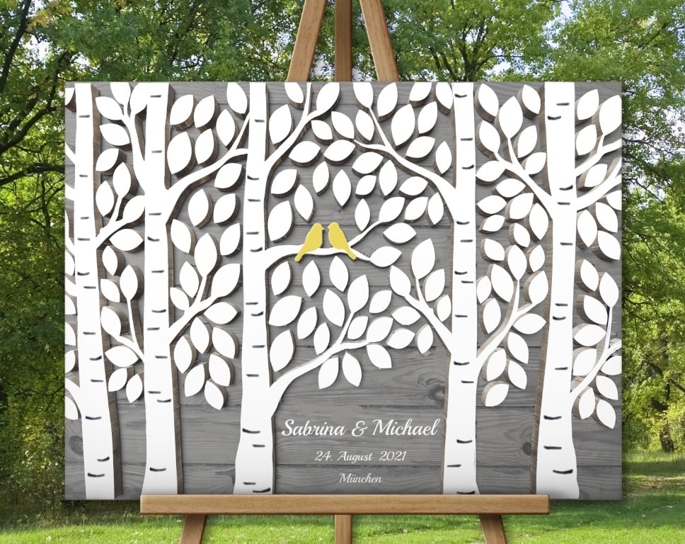 Gästebuch zur Hochzeit mit 3D Holzeffekt Leinwand Wald