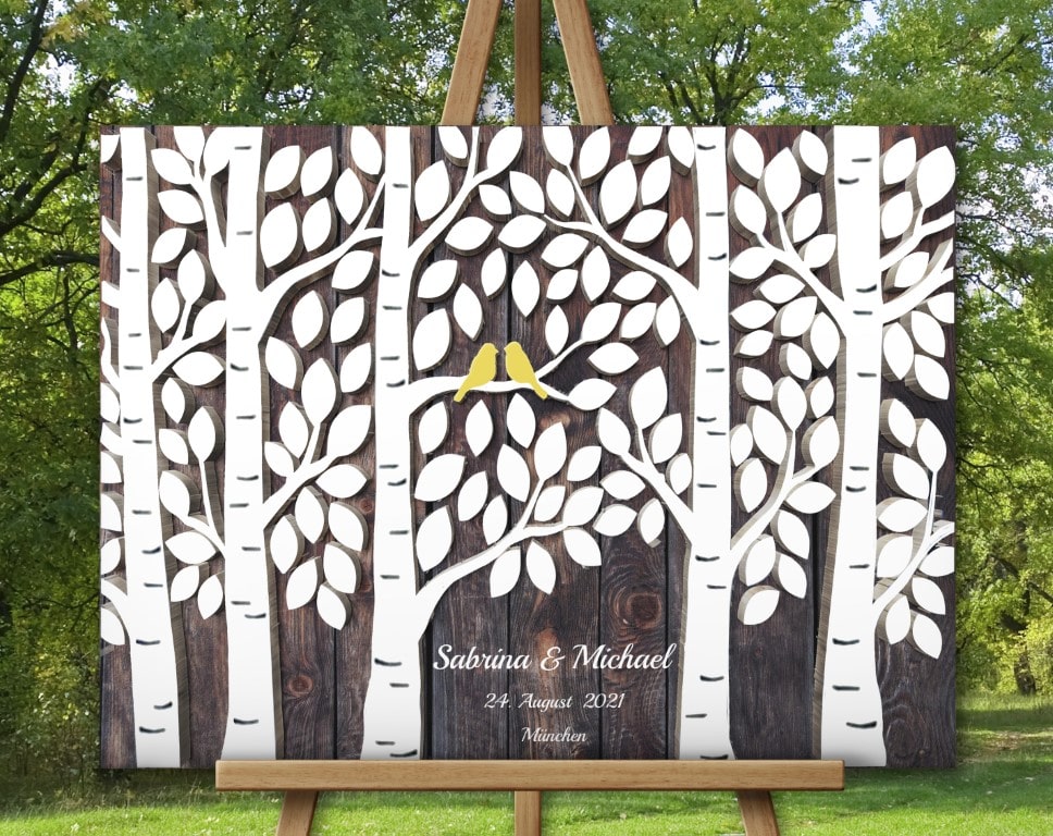 Gästebuch zur Hochzeit mit 3D Holzeffekt Leinwand Wald