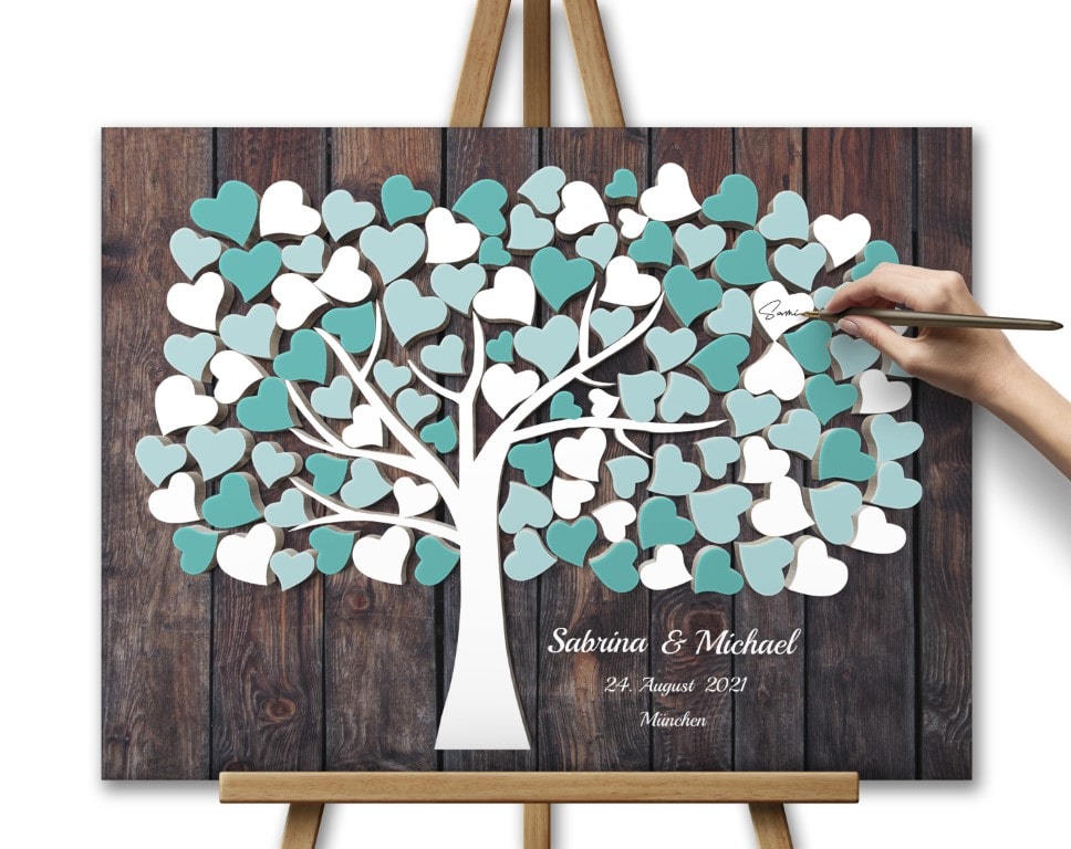 Hochzeitsgästebuch mit 3D Holzeffekt Leinwand