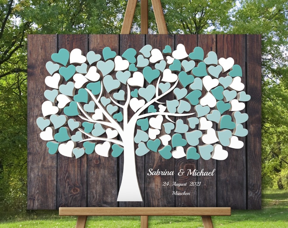 Hochzeitsgästebuch mit 3D Holzeffekt Leinwand