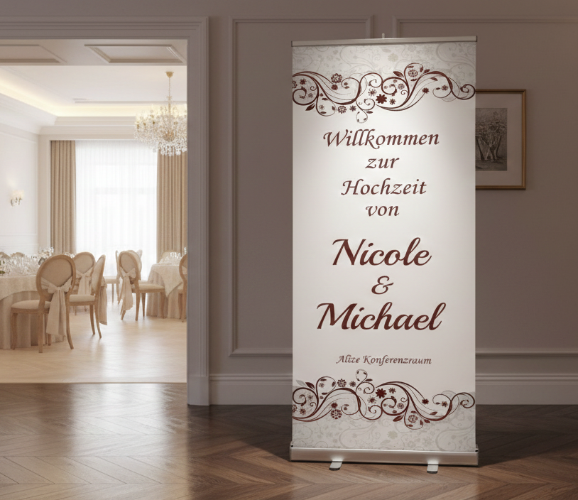 Personalisierter Roll-up im Hochzeitsdesign als Willkommensschild bei einer Feier oder Veranstaltung