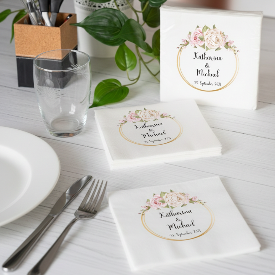 Personalisierte Airlaid-Serviette in Weiß mit individuellem Design, ideal für Hochzeit, Familienfeier oder Firmenevent, 33 × 33 cm offen