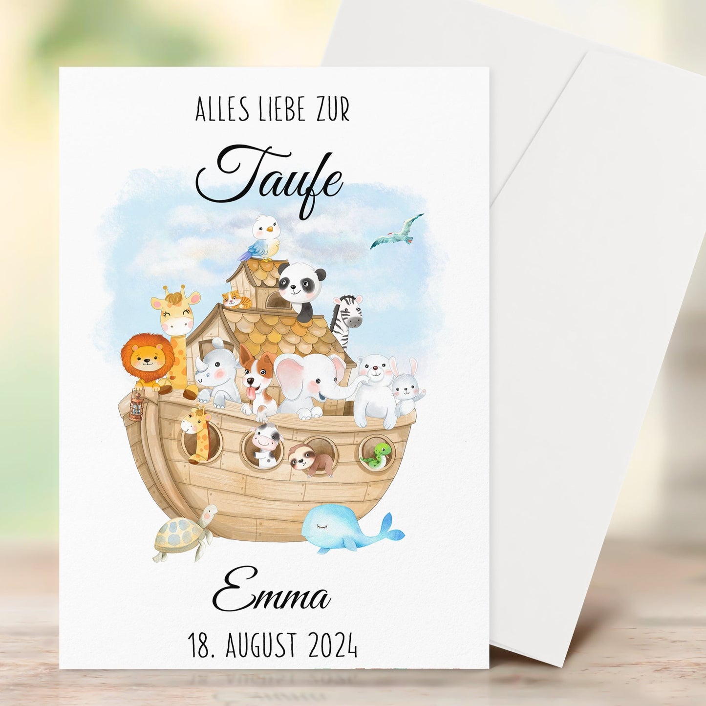 Taufkarte 10 Stk. TEinladungskarte mit Umschlag Arche Noah