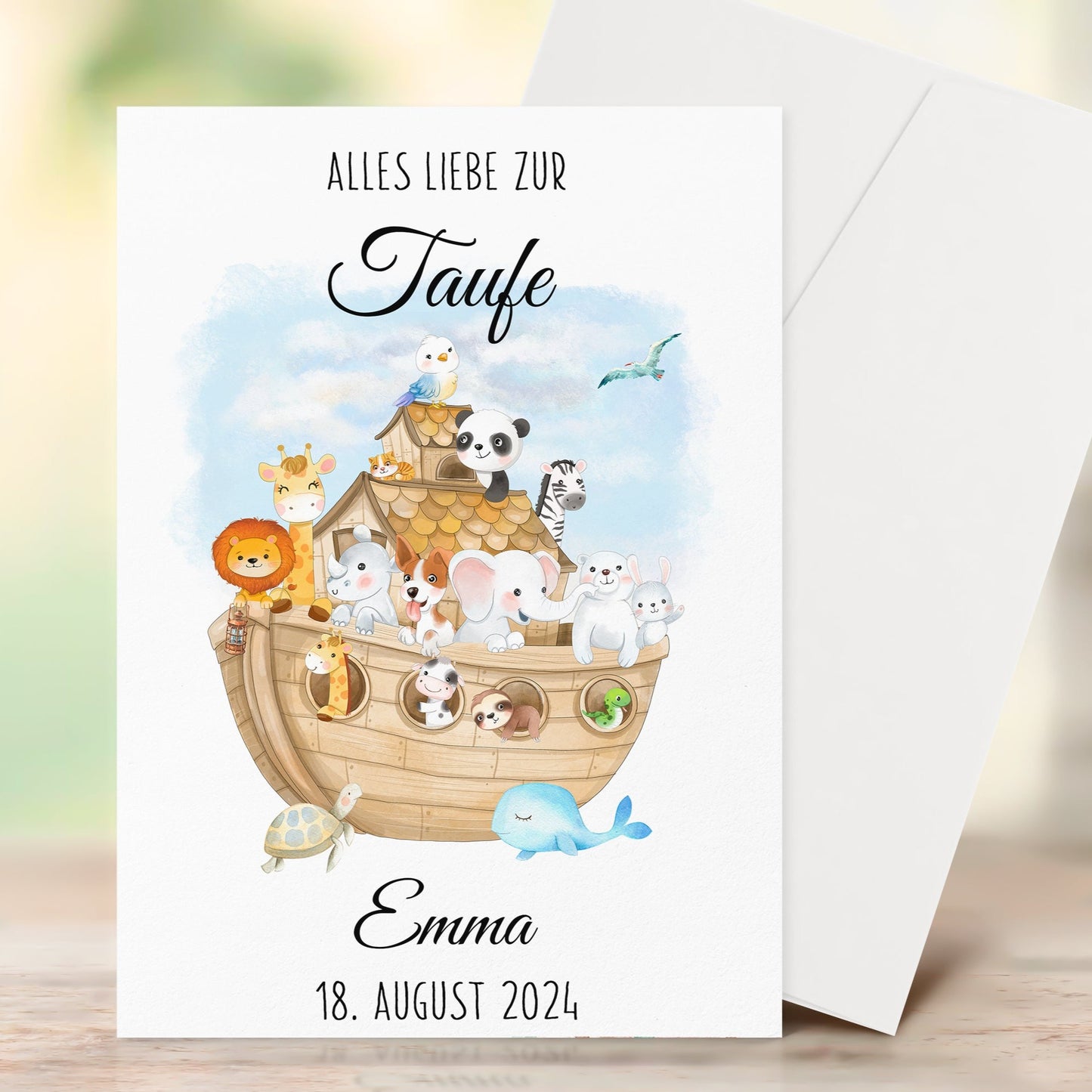 Taufkarte 10 Stk. Taufe Einladung Karte mit Brief Umschlag Arche Noah