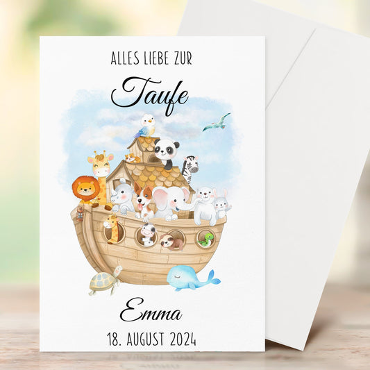 Taufkarte 10 Stk. Taufe Einladung Karte mit Brief Umschlag Arche Noah