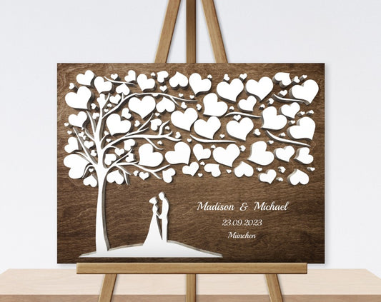 Brautpaar Herz Hochzeitsgästebuch mit 3D Holzeffekt Leinwand