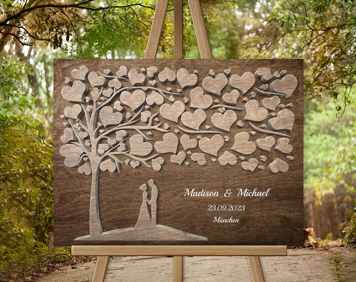 Brautpaar Herz Hochzeitsgästebuch mit 3D Holzeffekt Leinwand