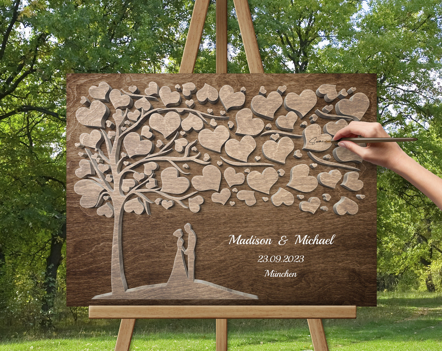 Brautpaar Herz Hochzeitsgästebuch mit 3D Holzeffekt Leinwand