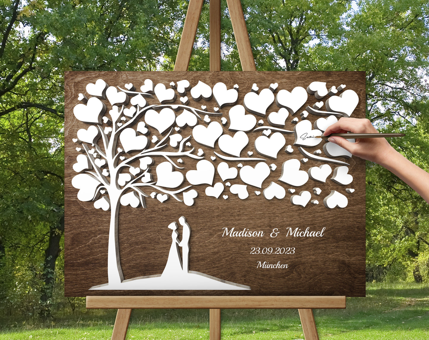 Brautpaar Herz Hochzeitsgästebuch mit 3D Holzeffekt Leinwand