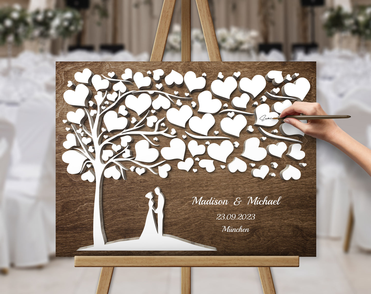 Brautpaar Herz Hochzeitsgästebuch mit 3D Holzeffekt Leinwand