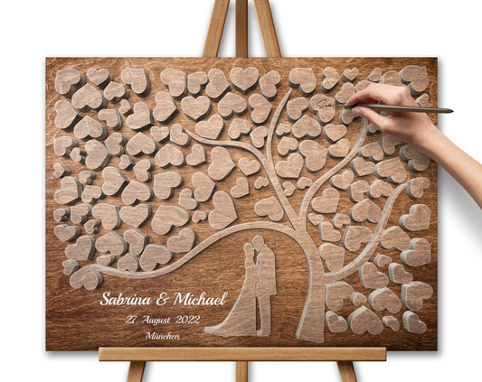 Leinwandgästebuch mit 3D Holz Effekt, Weiß Schriftzug wie Name, Datum und Standort. Beschreibbare Leinwand, Hochzeitsgästebuch Alternative. Leinwand Textura und Unterschrift.