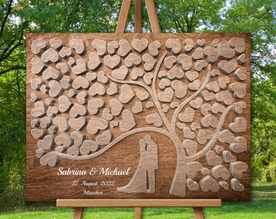 Leinwandgästebuch mit 3D Holz Effekt, Weiß Schriftzug wie Name, Datum und Standort. Beschreibbare Leinwand, Hochzeitsgästebuch Alternative. Leinwand Textura und Unterschrift.