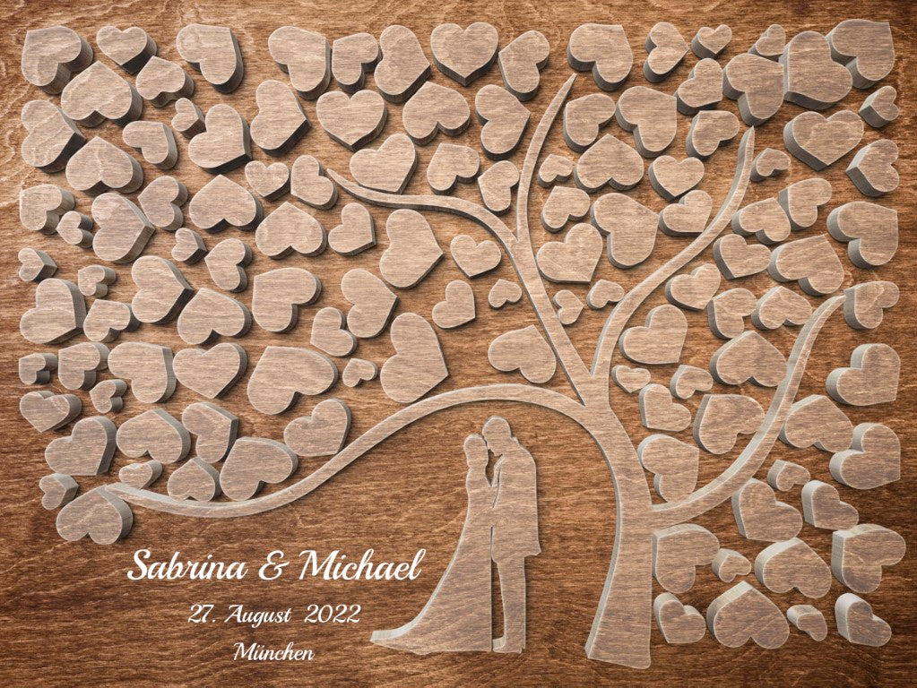 Leinwandgästebuch mit 3D Holz Effekt, Weiß Schriftzug wie Name, Datum und Standort. Beschreibbare Leinwand, Hochzeitsgästebuch Alternative. Leinwand Textura und Unterschrift.