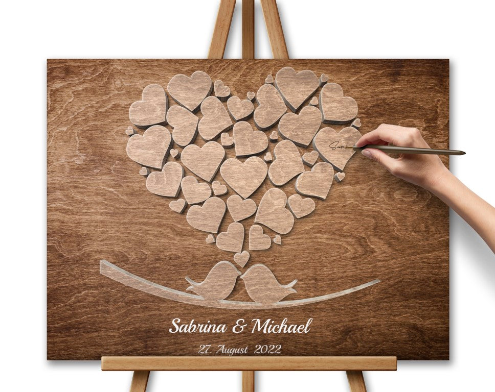 Gästebuch mit Holzeffekt Hochzeitsgeschenk Vogel